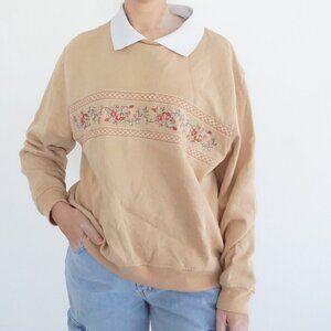 Vintage Shenanigans Tan Floral Embroidered Stripe Peter Pan Collar Sweater PXL